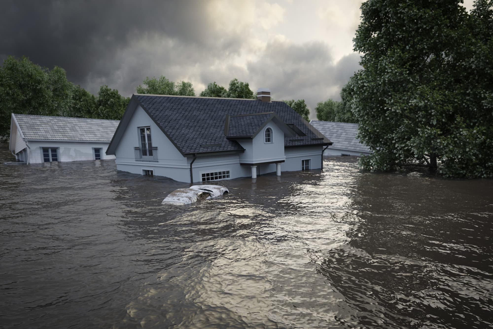 house under water with car roof out front